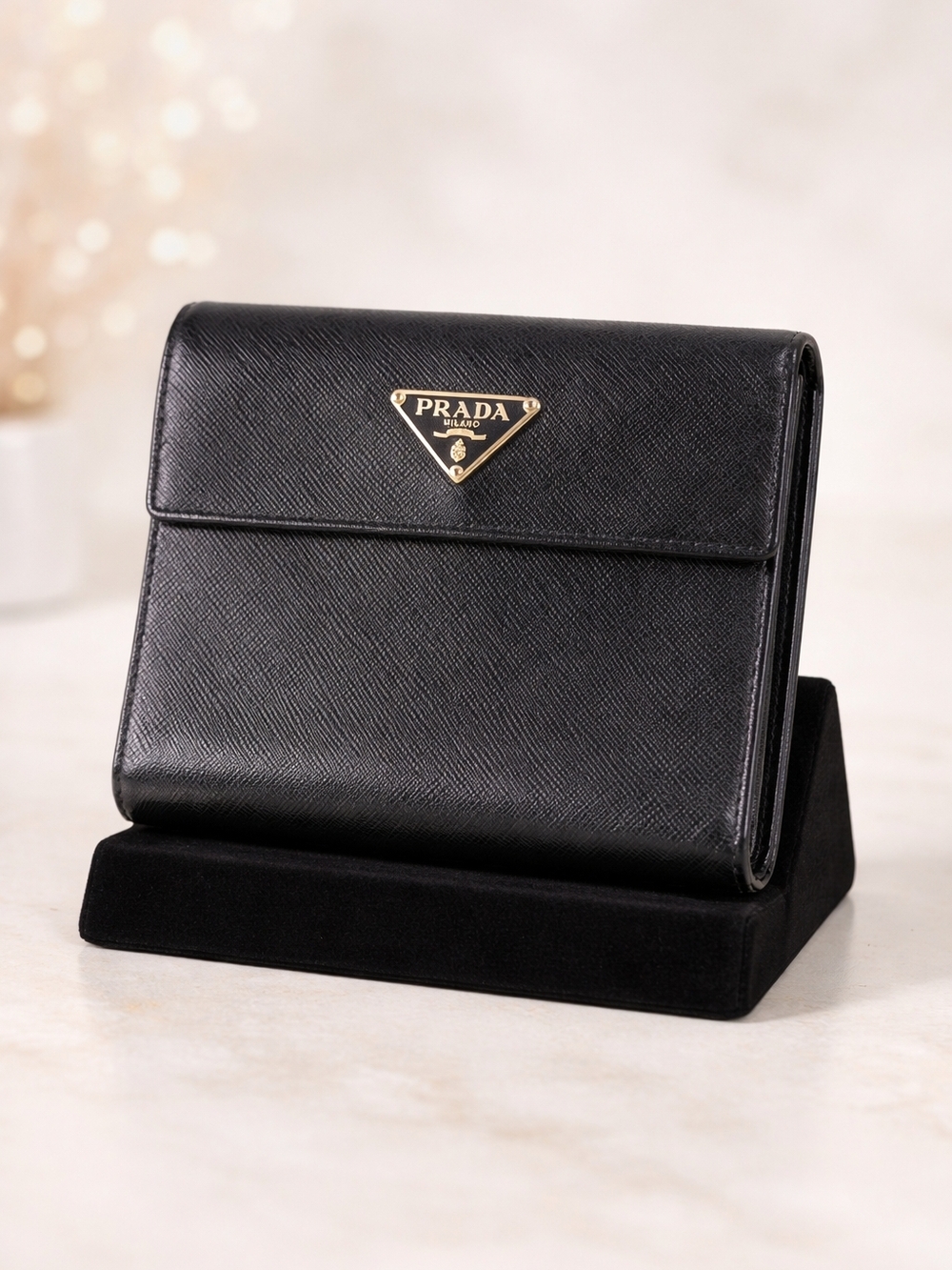 Prada Black Saffiano Leather Wallet with Gold Logo